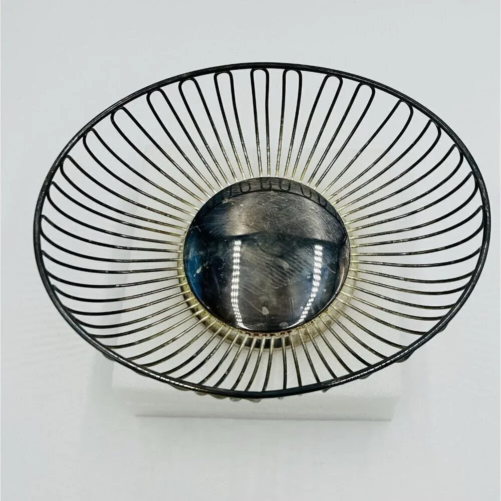 Godinger Wire Bread Basket Silver Plated Fruit Bowl 10” X 8.5” Oval Shaped Bowl